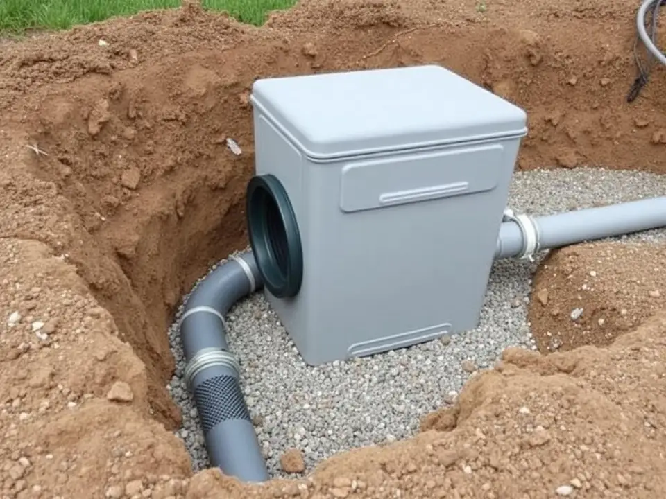 Distribution box and perforated leach field pipe set in a gravel trench during a septic system installation
